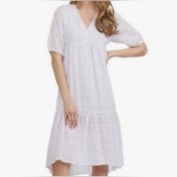 Mexx white tiered midi eyelet dress size Large puff sleeve V-neck - Picture 1 of 11